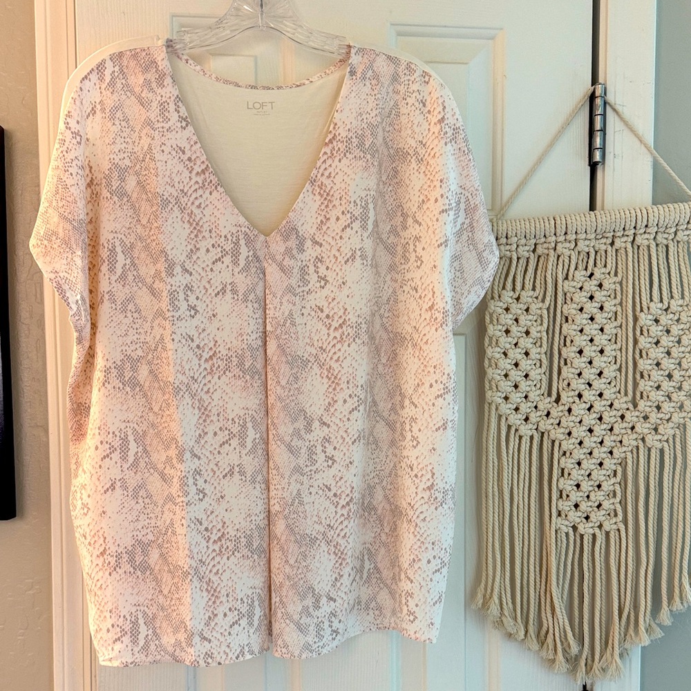 LOFT Women's V-Neck Snake Print Mixed Media Blouse Top
